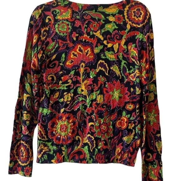 Talbots Floral Colorful Button Fall Cardigan Psychedelic Preppy Size Medium​ - Picture 6 of 9